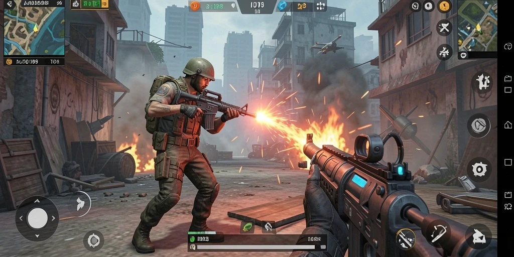 Screenshot utama AJO89 menampilkan gameplay tembak-menembak yang intens.