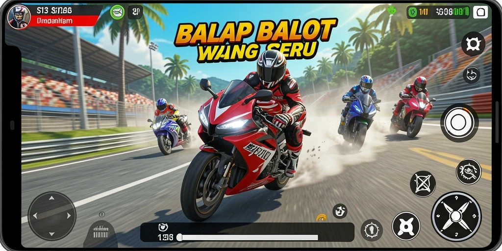 Gameplay motor balap yang seru dan menegangkan.