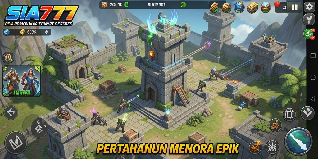 Screenshot gameplay SIA777 menampilkan pertahanan menara yang menegangkan.
